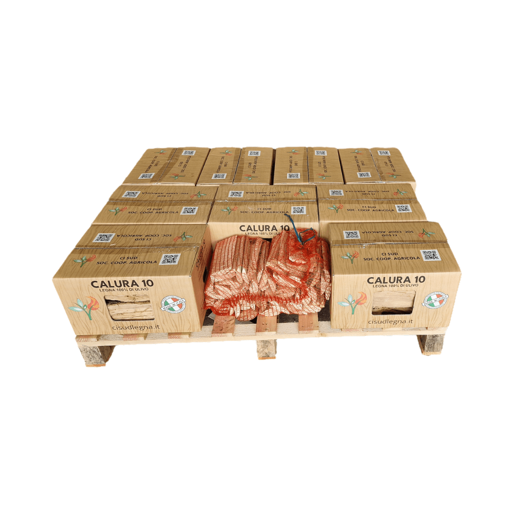 Bancale CALURA 10 – Legna da ardere di Ulivo in scatole (90kg)